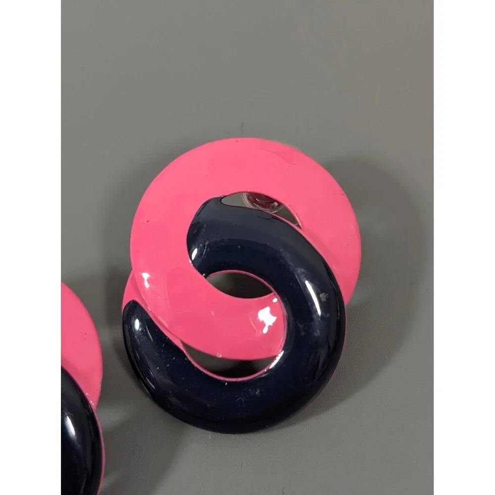 Vintage Pink Navy Enamel Swirl Earrings‎ Retro 80s 90s Statement